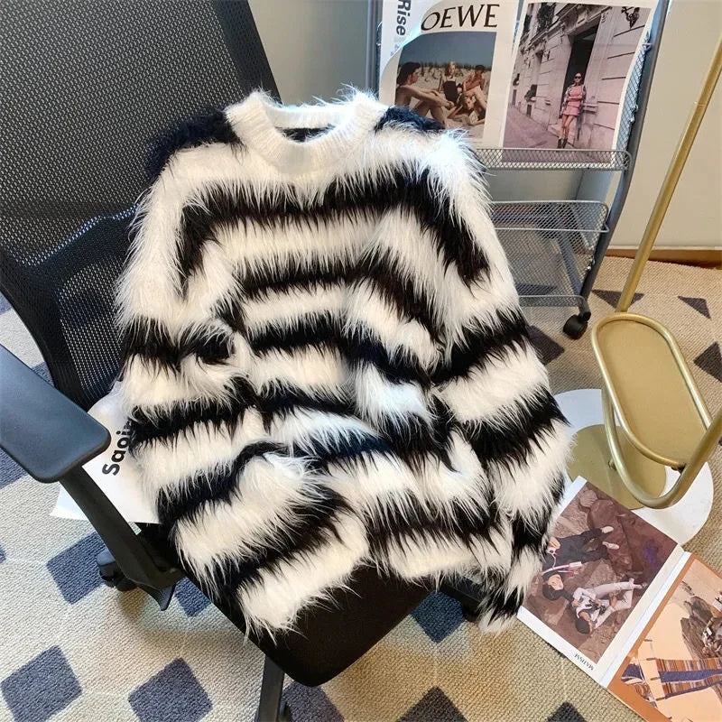 Color Contrast Black White Stripes Imitation Mink Wool Pullover Long Hair Sweater Women Autumn Winter Lazy Wind Knit Warm Top