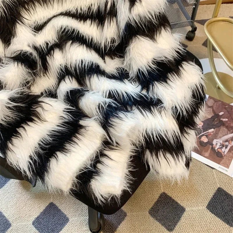 Color Contrast Black White Stripes Imitation Mink Wool Pullover Long Hair Sweater Women Autumn Winter Lazy Wind Knit Warm Top