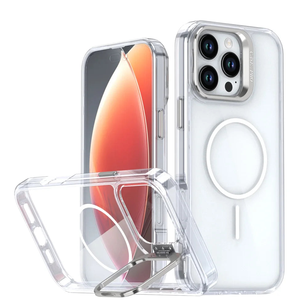 Original For Magsafe Invisible Lens Stand Holder Phone Case For iPhone 14 15 16 17 18 Pro Max Plus 13 12 11 Clear Acrylic Cover