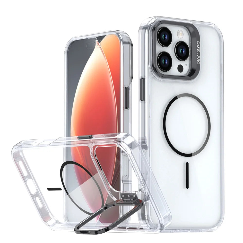 Original For Magsafe Invisible Lens Stand Holder Phone Case For iPhone 14 15 16 17 18 Pro Max Plus 13 12 11 Clear Acrylic Cover